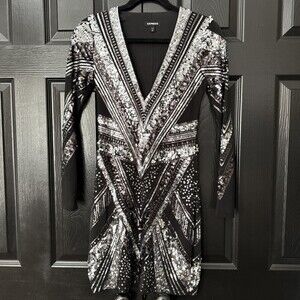 Express Sequin Party Dress Black Silver Women’s Size Small Cocktail